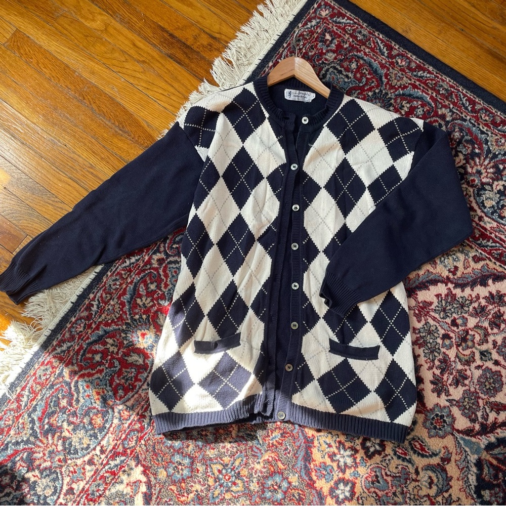Vintage Neiman Marcus Pringle Navy and Cream White Argyle Cotton Knit Cardigan